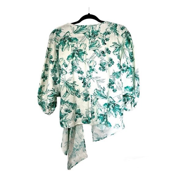 ZARA WRAP CROSS TIE V NECK KIMONO STYLE WHITE GREEN PRINT TOP LINEN SIZE SMALL - Picture 4 of 9